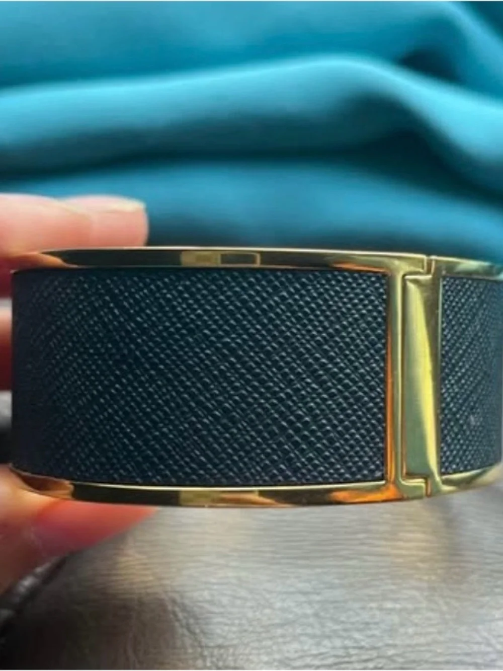 Tory Burch Gold and Black Leather Cuff Bracelet